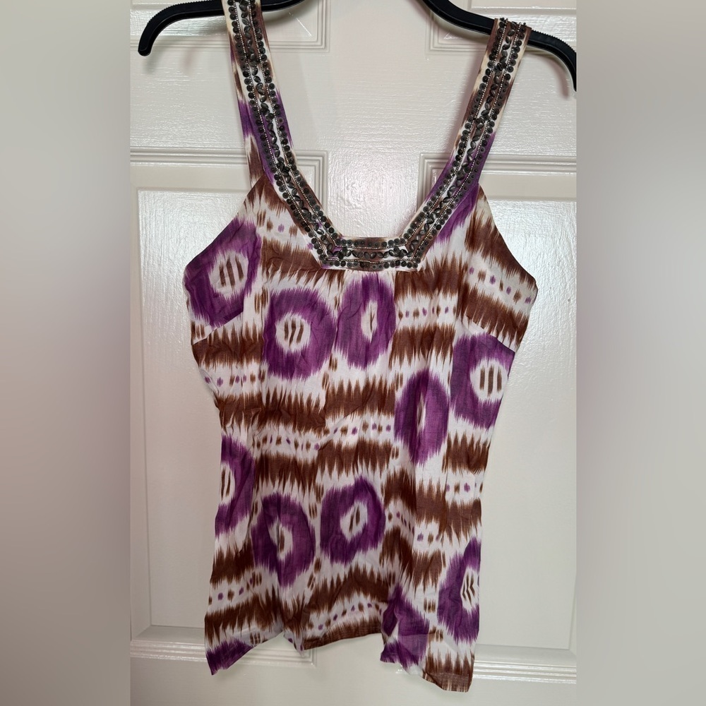 Trina Turk Beaded Ikat Tank Top Medium Purple Brown Cotton Lined